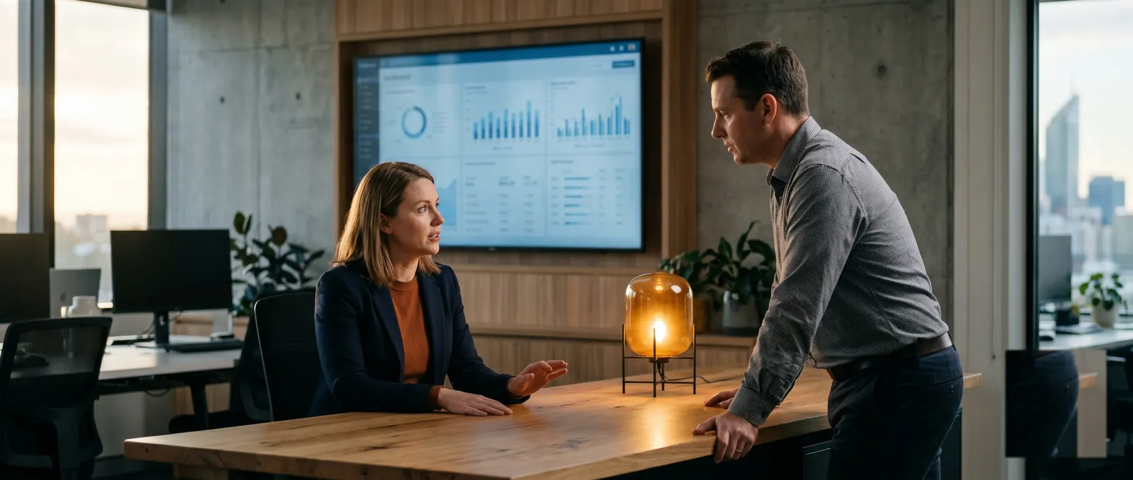 Two consultants reviewing a dashboard together at a workspace table