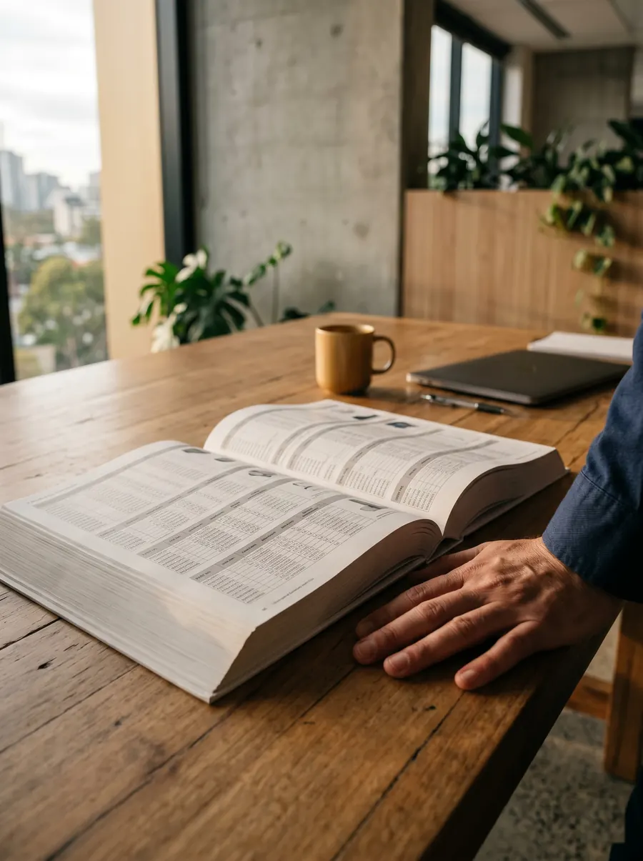 Open thick paper catalogue with rows of product data on a wooden desk